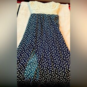 Beige & Navy Blue Long Silk Dress